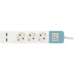 Bestseller Hálózati elosztó 3db aljzat 1,5fm vezetékkel, kapcsolóval (H05VV-F 3x1,5 mm2) +2db USB port (2,1A 5V) kék-fehér