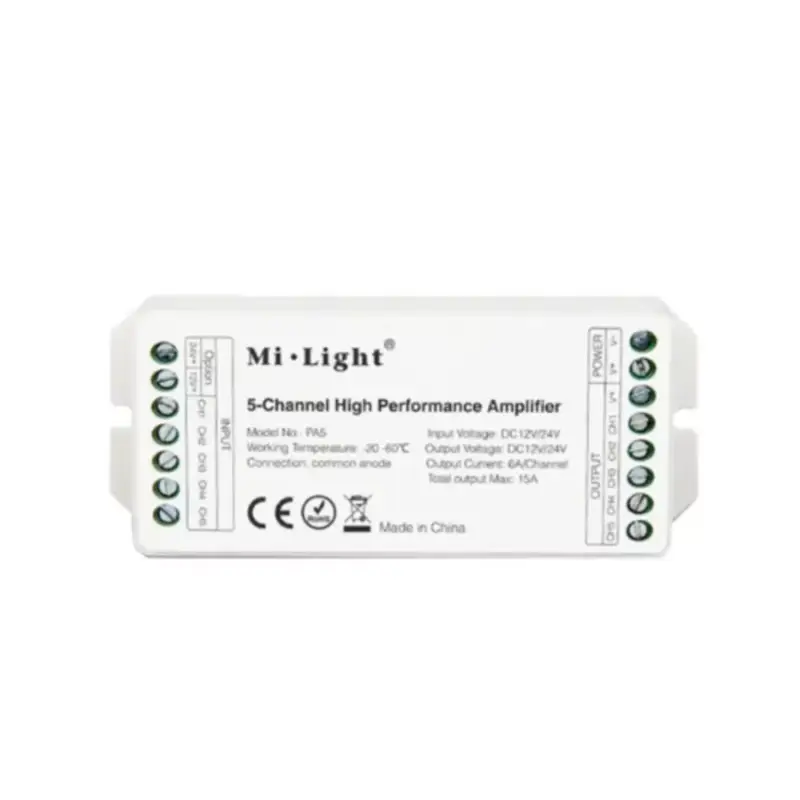 Vedd meg most Jelerősítő , Monokróm/CCT/RGB/RGBW/RGB-CCT szalagokhoz , 180 Watt , 5 csatorna , 5x6 Amper , Miboxer (Mi-Light) , PA5