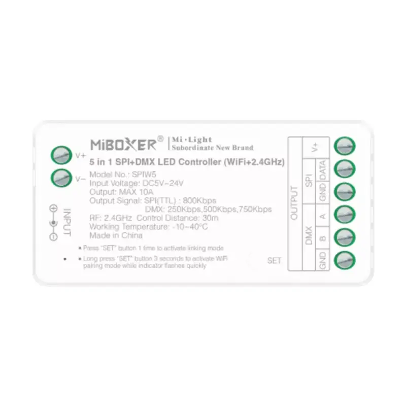 Végkiárusítás Digitális (SPI) LED szalag vezérlő (WIFI + 2.4G)futófényhez , DMX , Tuya Smart , 5in1 , 10A , monokróm/CCT/RGB /RGBW/RGB-CCT , Miboxer , SPIW5