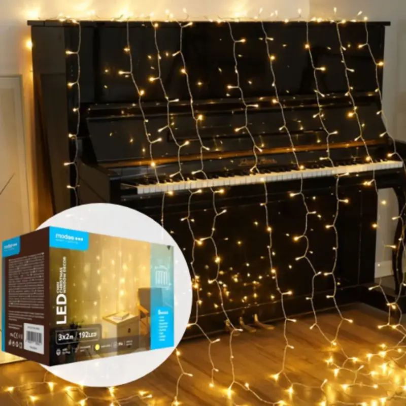 Kiárusítás LED fényfüggöny , beltéri/kültéri 192 db LED , 3 x 2 m , meleg fehér , 8 programos , IP44 , Modee
