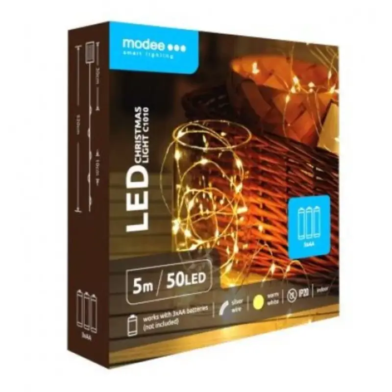 Különleges ajánlat Led fényfüzér , beltéri , meleg fehér , rézszálás , elemes , 50 LED , 5 m , IP20 , Modee