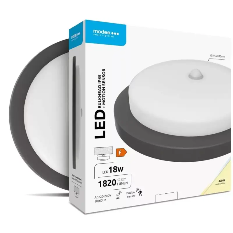 Népszerű Modee LED Hajólámpa Kerek 18W 4000K (D195x45mm) IP65+PIR (1820 lumen) fekete