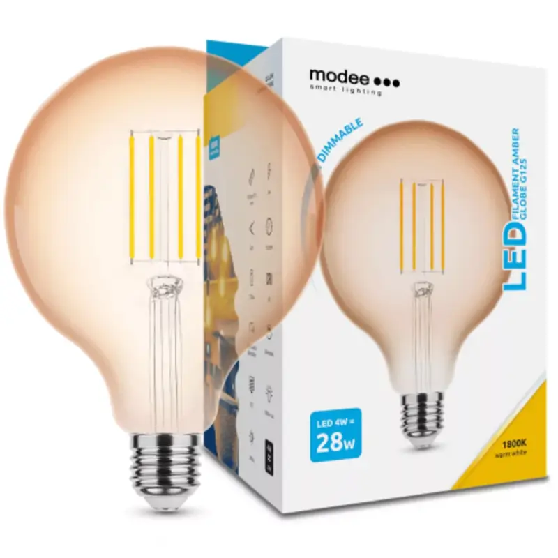 LED lámpa , égő , izzószálas hatás , filament, E27 foglalat , G95 , 4 Watt , dimmelhető , meleg fehér , 1800K , borostyán sárga , Modee Outlet