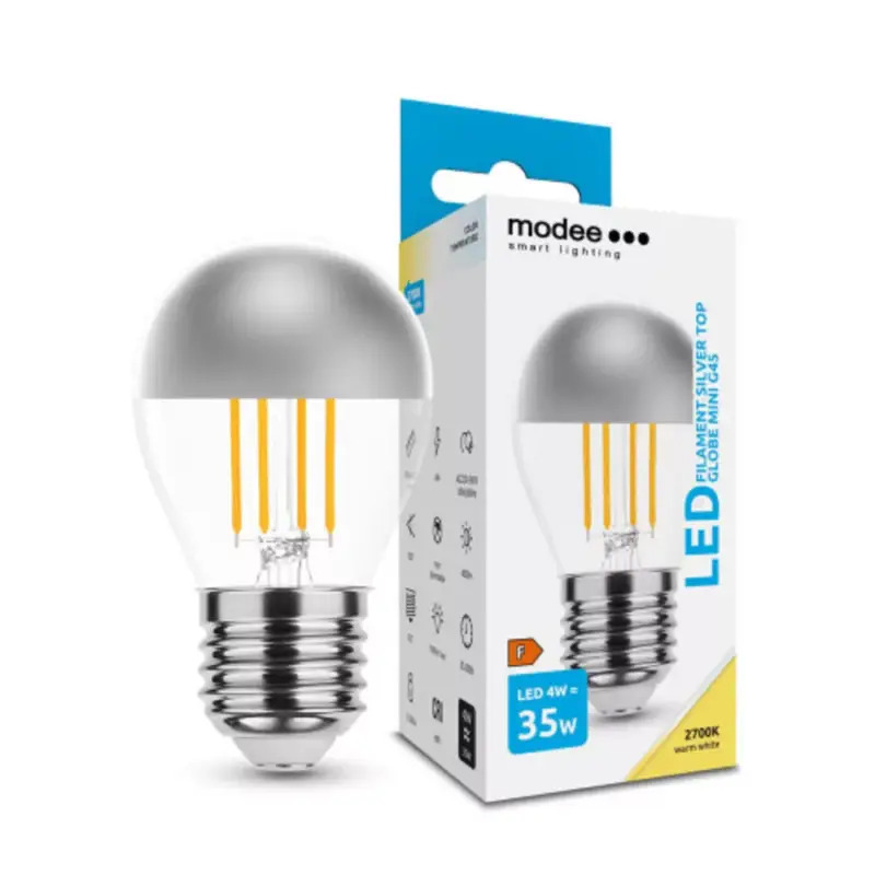 Legkelendőbb LED lámpa , égő , izzószálas hatás , filament , E27 foglalat , G45 , 4 Watt , meleg fehér , Silver Top , Modee