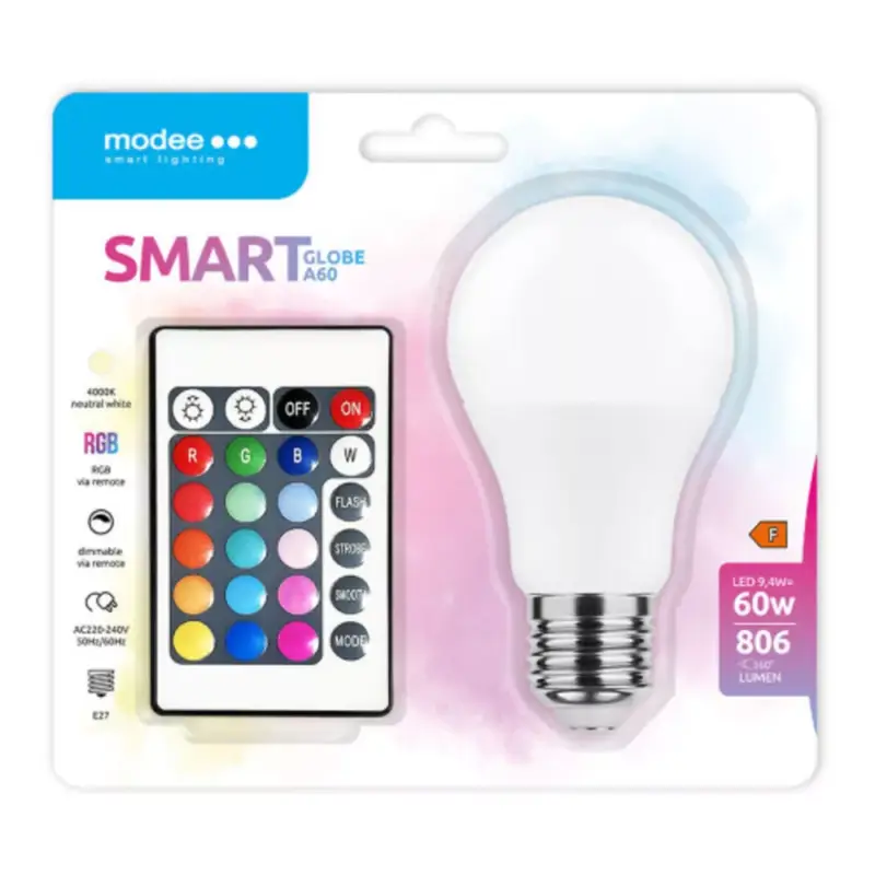 Kiárusítás LED lámpa , égő , szett , körte , E27 , 9.4W , dimmelhető , RGBW , W=természetes fehér , távirányítóval , Modee