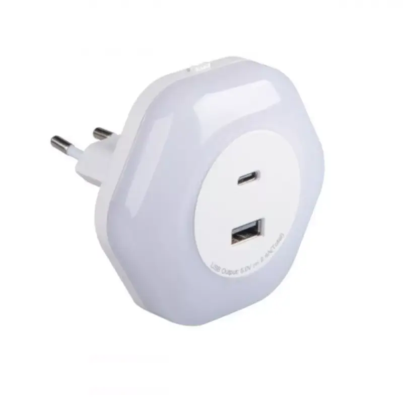 Outlet LED lámpatest , éjszakai irányfény , 2 db USB csatlakozóval (USB-A + USB-C) , 0.22W/15W , meleg fehér , BOLA
