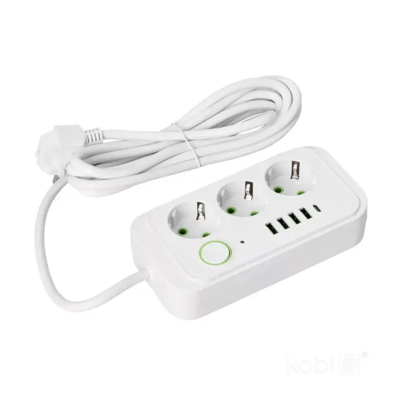 Biztonságos fizetés KOBI LINEA PRO hosszabbító kábel 3 aljzat+4USB/1USB-C/3m/Zu+W fehér KOBI-001924