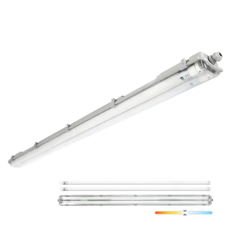 Újdonság Vízálló armatúra szett G2 + 2x LED T8 fénycső 18W 120cm 4000K 36W, természetes fehér, 4320lm, CRI≥80, G13, IP65, KOBI-003678