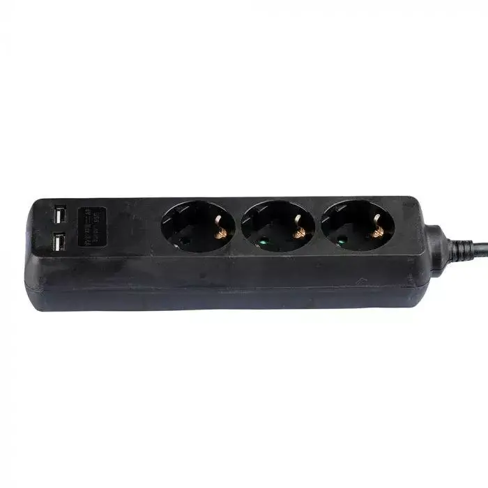 Kedvezményes ár V-TAC Hosszabbító kapcsolóval 3 csatlakozós 2 USB csatlakozóval 1,5m kábel fekete színű - 8776