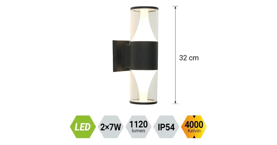 Vedd meg online Prezent SERA kültéri fali lámpa fém, műanyag, fekete, LED, 2x7W, 1120lm, 4000K, IP54 - 12104