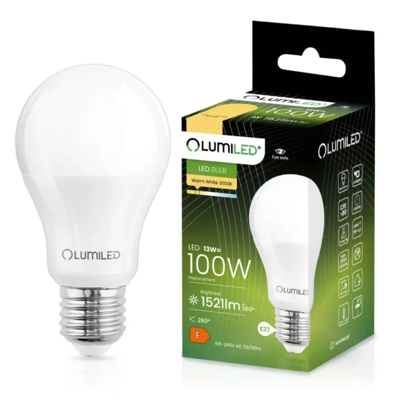 Olcsóbb E27 A60 LED izzó 13W = 100W 1521lm 3000K 260° LUMILED
