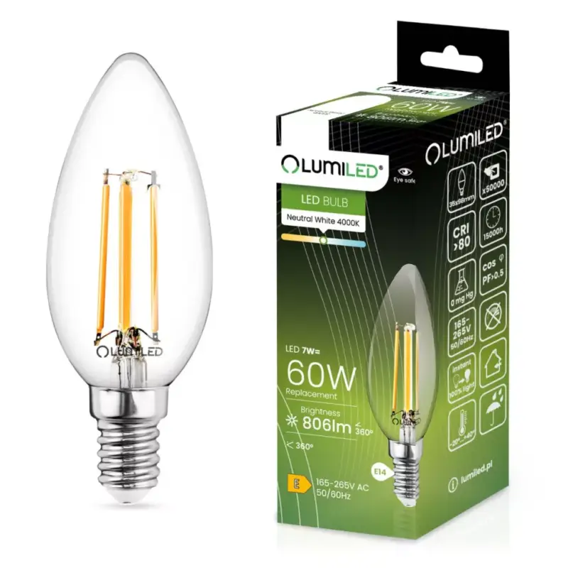 E14 B35 LED izzó 7W = 65W 770lm 4000K semleges 360° LUMILED izzószál Legjobb ár