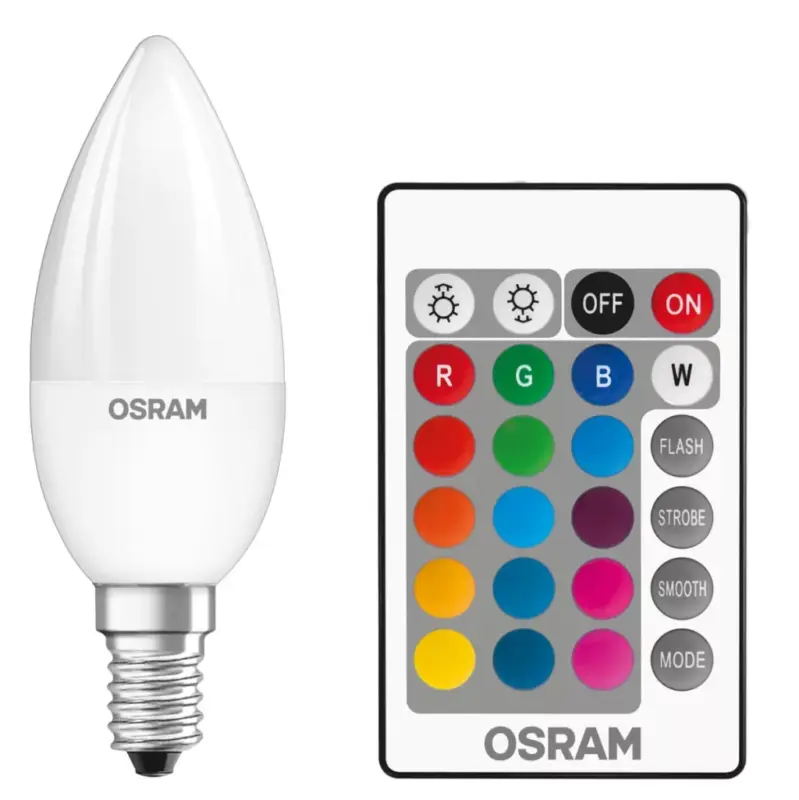 E14 B35 LED izzó 4,5W = 25W 250lm RGBW 180° OSRAM Star + TÁVIRÁNYÍTÓ Csak ma