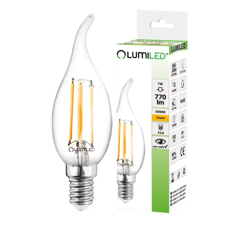 Kedvezményes ár LED dekoratív gyertyakörte E14 BA35 7W = 60W 770lm 3000K360° dekoratív lángszál LUMILED