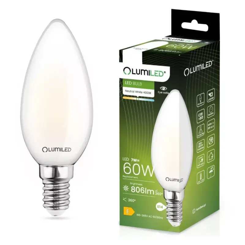 E14 B35 LED izzó 7W = 60W 770lm 4000K semleges 360° LUMILED izzószál Szuper akció
