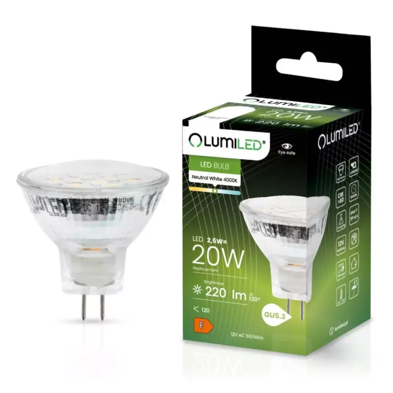 LED izzó MR11 2.5W = 20W 220lm 4000K 12v Semleges 120° LUMILED Kihagyhatatlan ajánlat