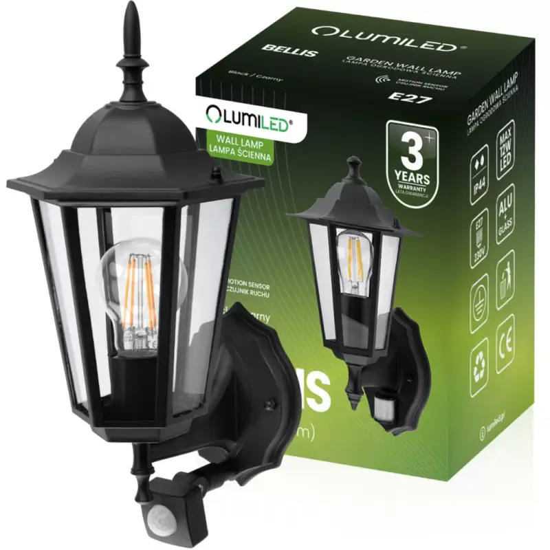 Kültéri kerti fali lámpa E27 LANTERN for UP mozgásérzékelővel Fekete BELLIS LUMILED Biztonságos fizetés