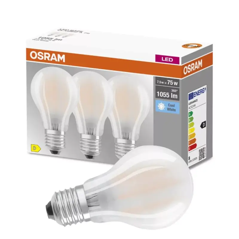 Biztonságos fizetés 3PAK LED izzó E27 A60 7.5W = 75W 1055lm 4000K semleges 300°-os izzószál OSRAM ALAP