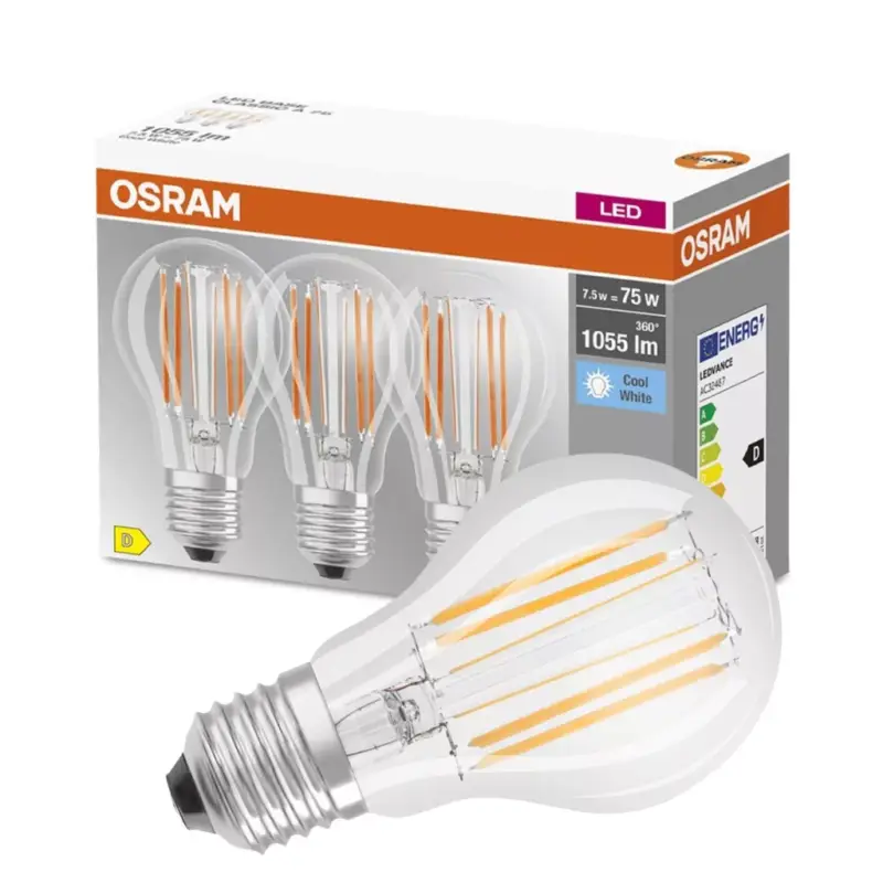 Bestseller 3PAK LED izzó E27 A60 CL 7,5W = 75W 1055lm 4000K semleges 300°-os izzószál OSRAM ALAP