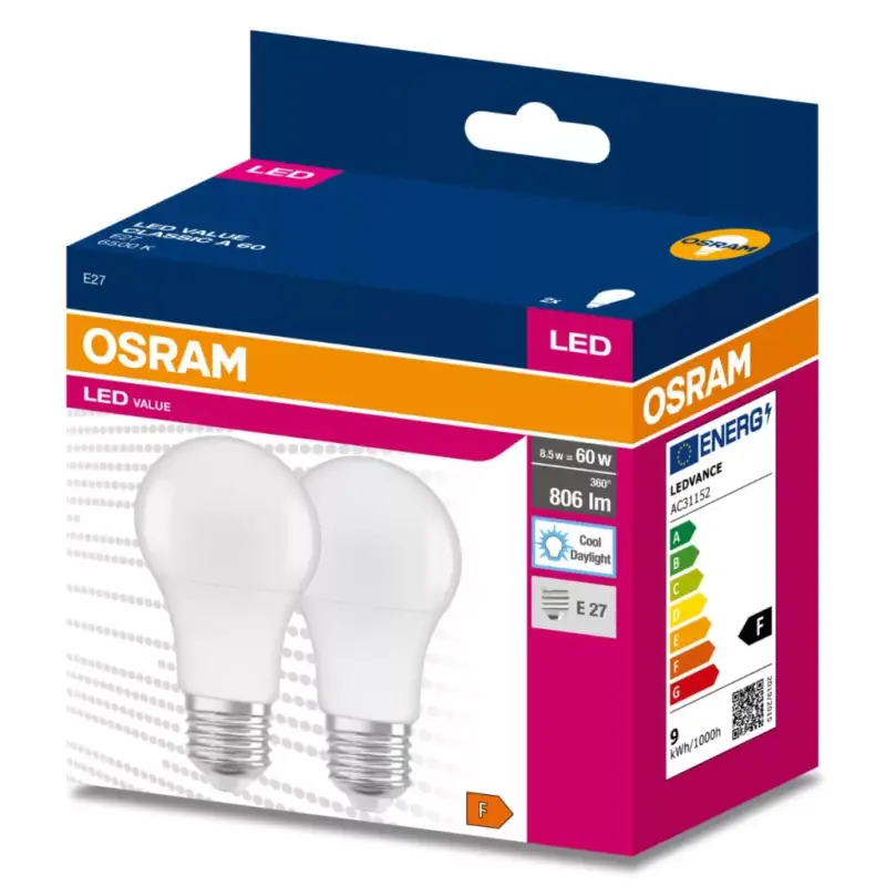2PAK LED izzó E27 A60 8.5W = 60W 806lm 6500K Hideg 200° OSRAM ÉRTÉK Azonnali szállítás