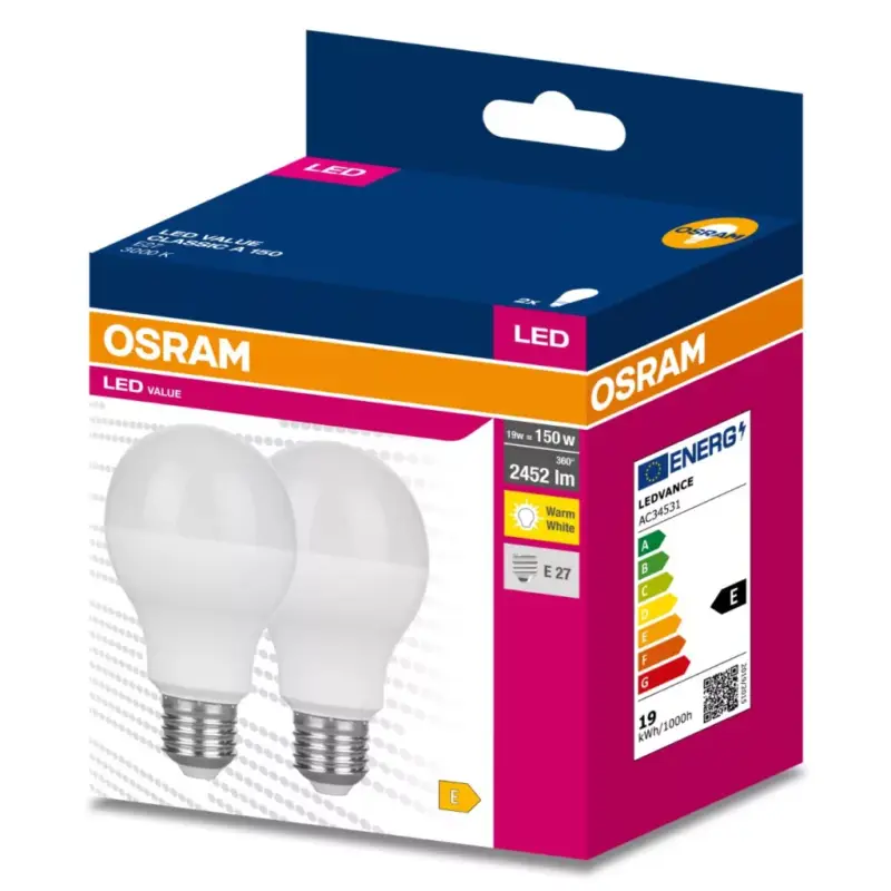 2db LED izzó E27 A60 19W = 150W 2452lm 3000K200° OSRAM Biztonságos vásárlás