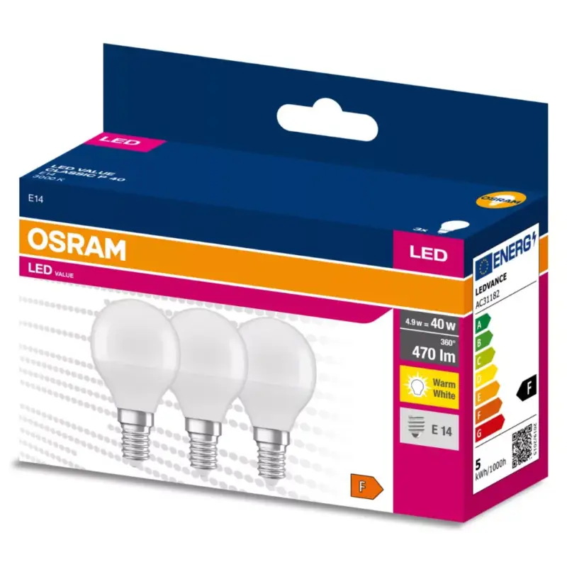 Kiárusítás 3db LED izzó Gömb E14 P45 4.9W = 40W 470lm 3000K200° OSRAM