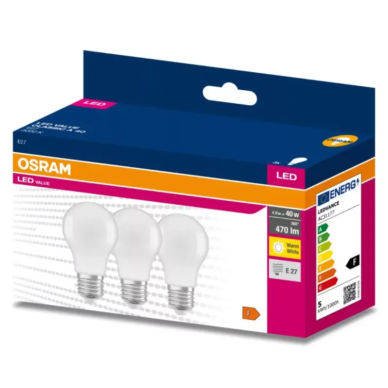 3PAK LED izzó E27 A60 4,9W = 40W 470lm 3000K meleg 200° OSRAM ÉRTÉK Akciós ár