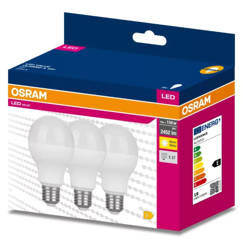 3PAK LED izzó E27 A60 19W = 150W 2452lm 3000K meleg 200° OSRAM ÉRTÉK Expressz szállítás