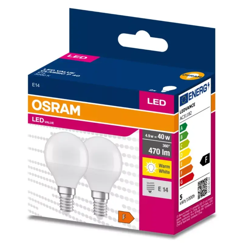 2db LED izzó E14 P45 4.9W = 40W 470lm 3000K 200° OSRAM Akció
