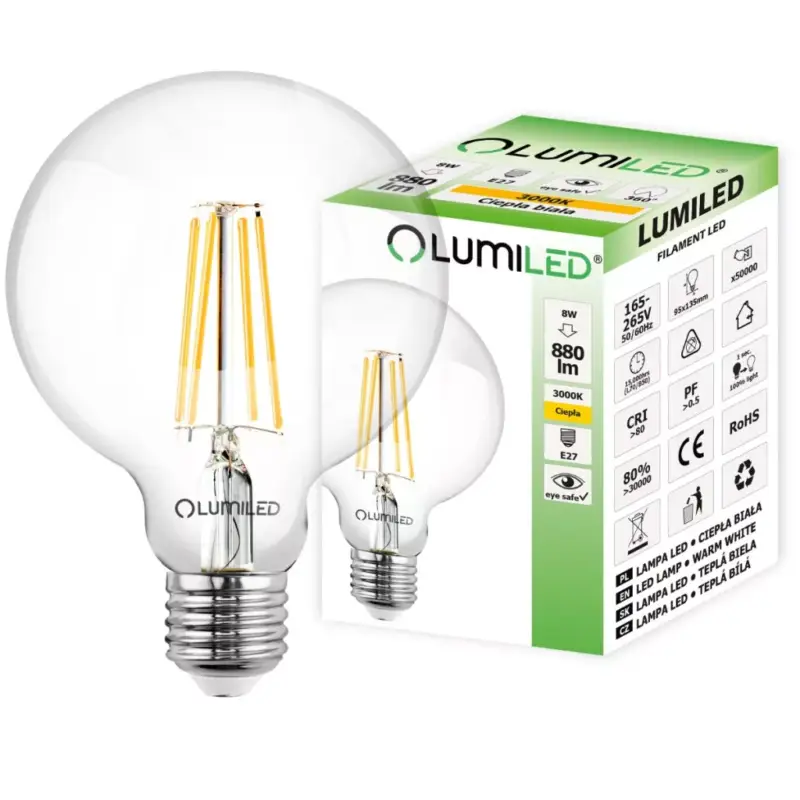LED dekoratív gömbizzó E27 G95 8W = 65W 880lm 3000K360°-os izzószál Kiárusítás