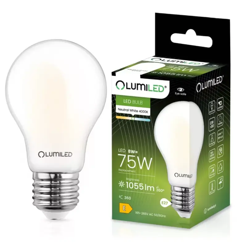 E27 A60 LED izzó 8W = 75W 1055lm 4000K Semleges 360°-os filament tejszerű LUMILED Prémium