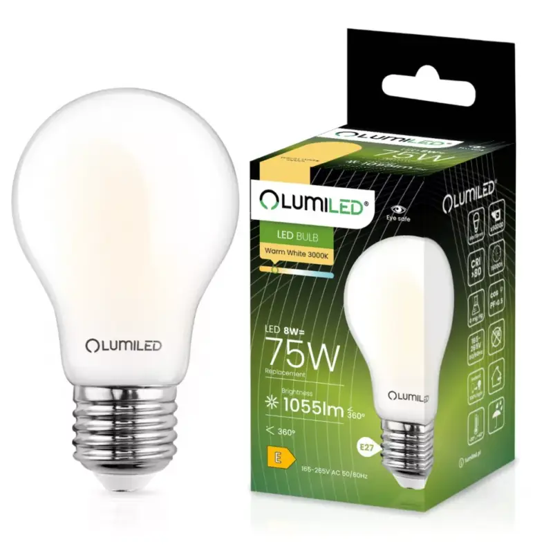 E27 A60 LED izzó 8W = 75W 1055lm 3000K 360°-os izzószál opál LUMILED Kedvezményes ár