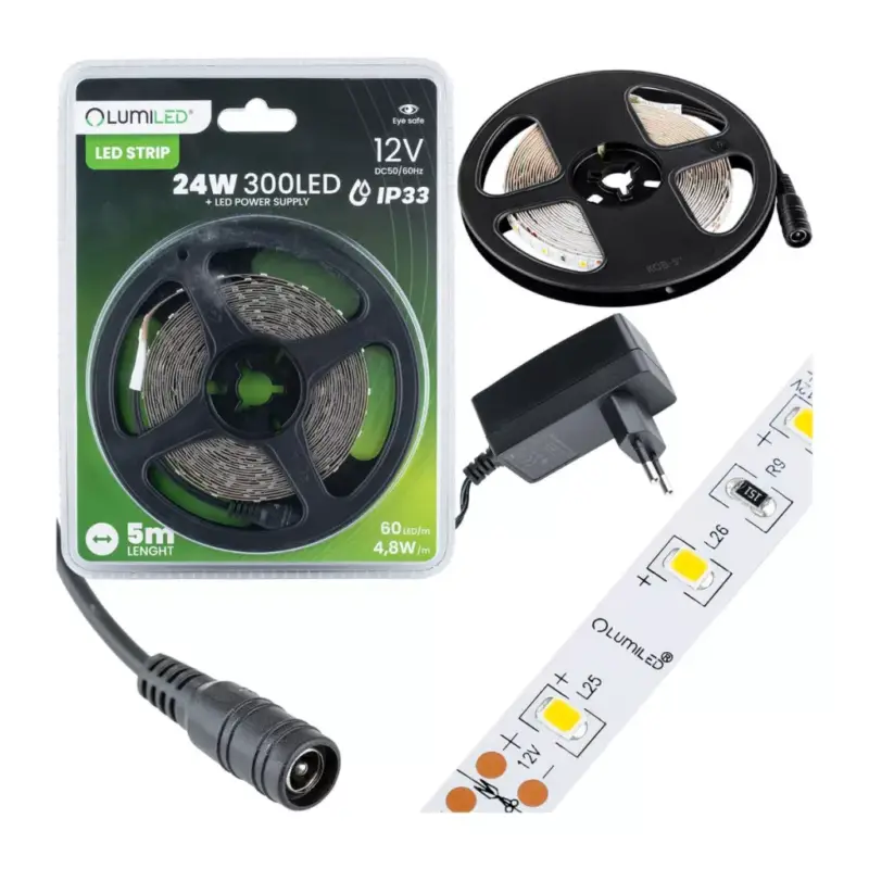 Akció Szett LED szalag szalag 12V 24W 300LED SMD 2835 hideg 8mm 5m + tápegység