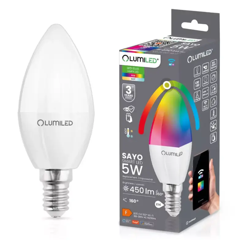 LED izzó E14 B35 CANDLE 5W = 40W 450lm RGB szabályozható CCT Smart TUYA WiFi SMART SAYO LUMILED Csak ma