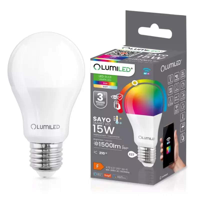 Alacsony ár E27 A70 LED izzó 15W = 100W 1500lm RGB CCT szabályozható Smart TUYA WiFi SMART SAYO LUMILED
