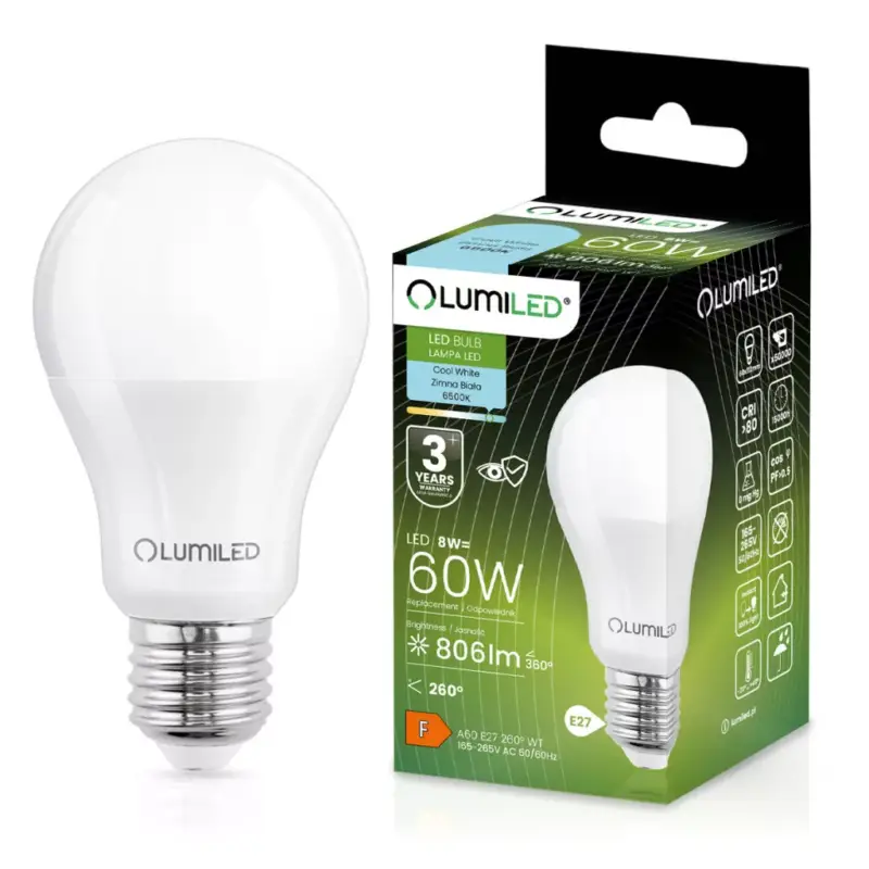 Korlátozott ajánlat E27 A60 LED izzó 8W = 60W 806lm 6500K Hideg 260° LUMILED