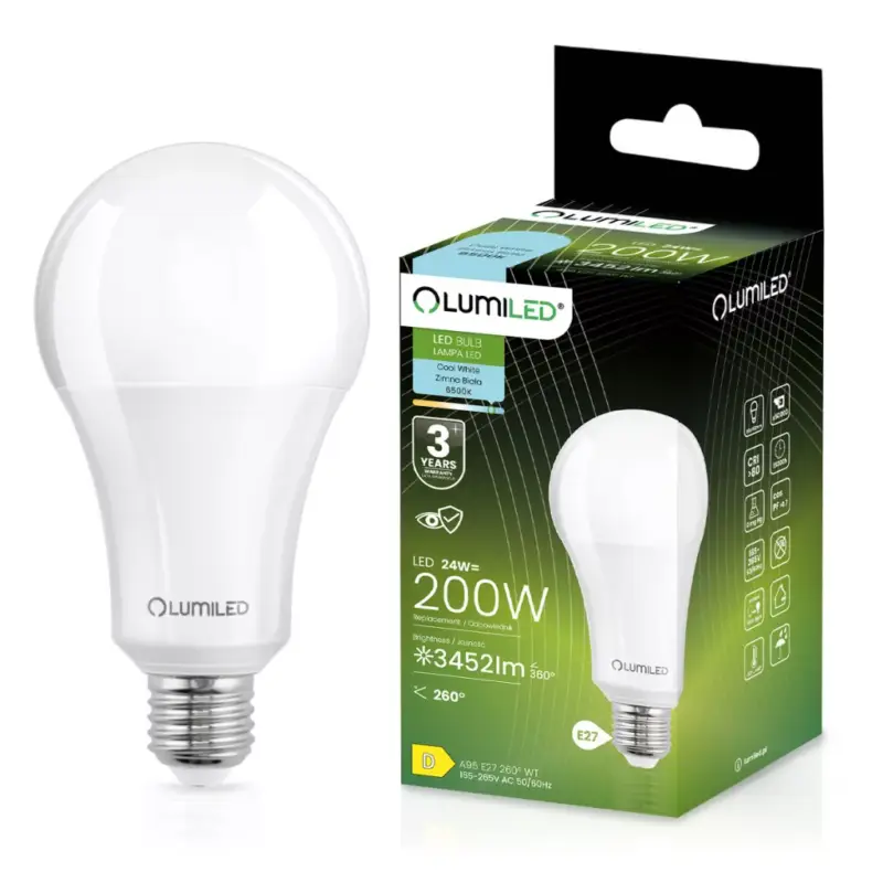 E27 A95 LED izzó 24W = 200W 3452lm 6500K Hideg 260° LUMILED Különleges ajánlat