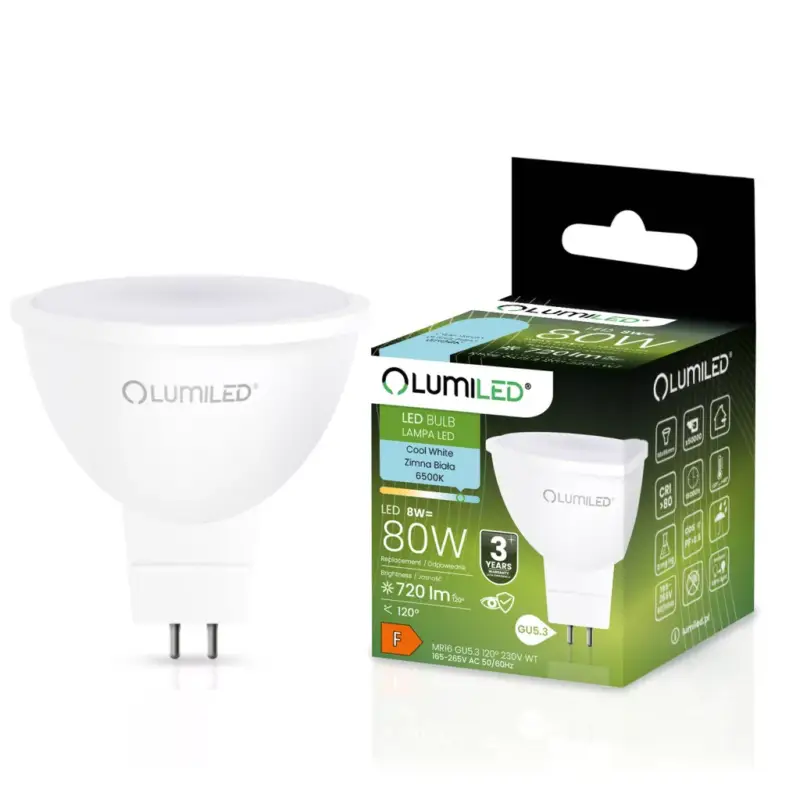 Kedvezményes ár LED izzó GU5.3 MR16 8W = 80W 720lm 6500K Hideg 120° LUMILED