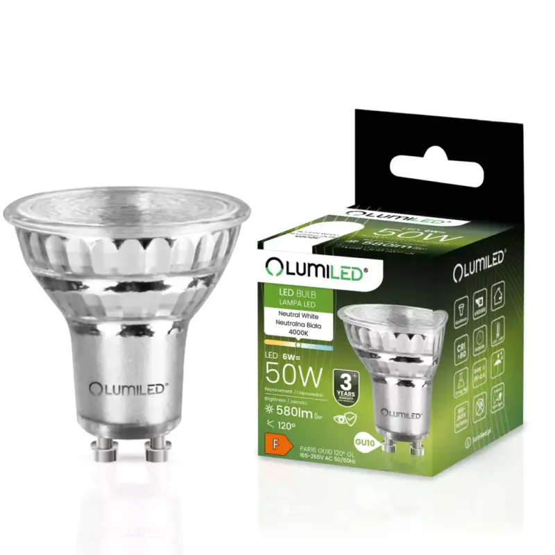 Árcsökkenés GU10 LED izzó 6W = 50W 580lm 4000K semleges 120°-os üveg LUMILED