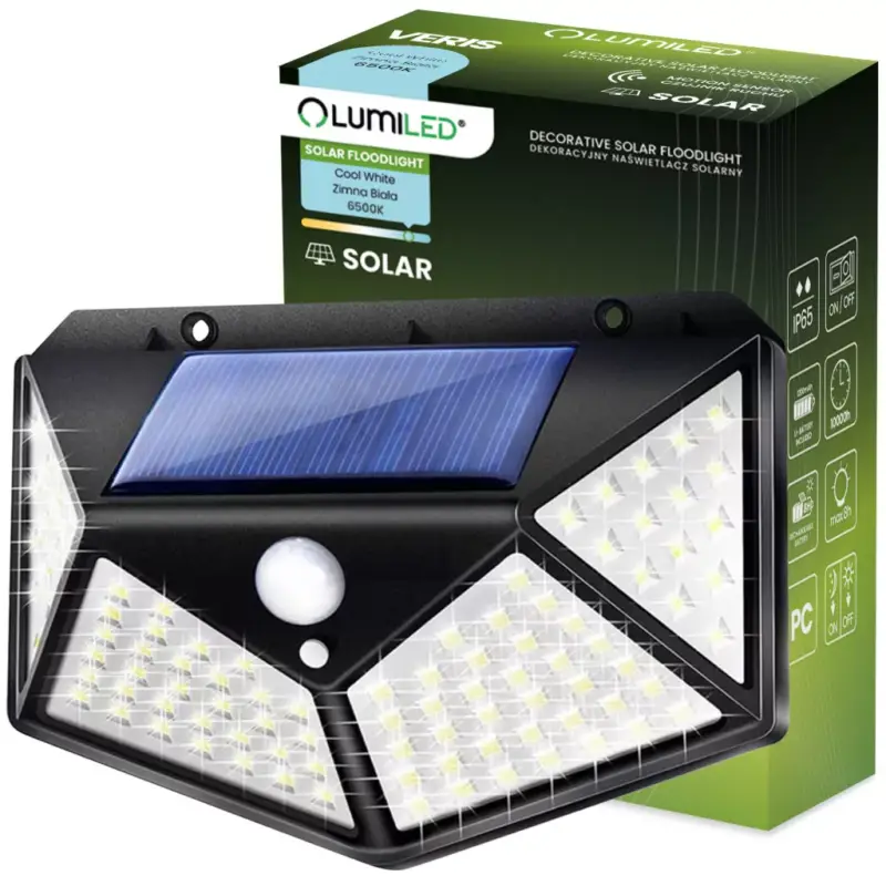 Napelemes LED-es reflektor halogén kerti lámpa 6500K IP65 mozgás- és szürkületérzékelő VERIS LUMILED Azonnal elérhető