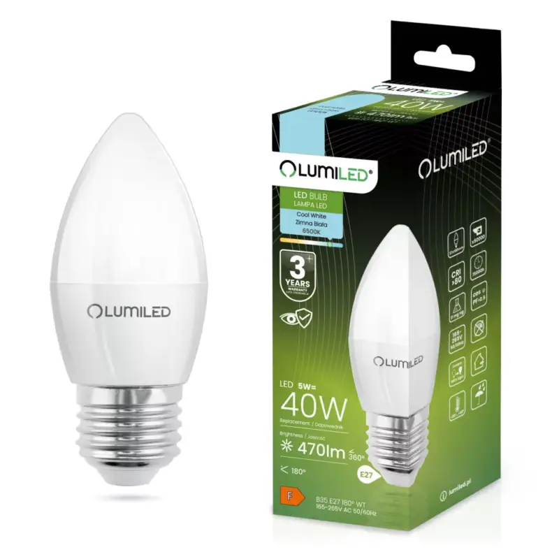 Alacsony ár LED izzó E27 B35 5W = 40W 470lm 6500K Hideg 180° LUMILED