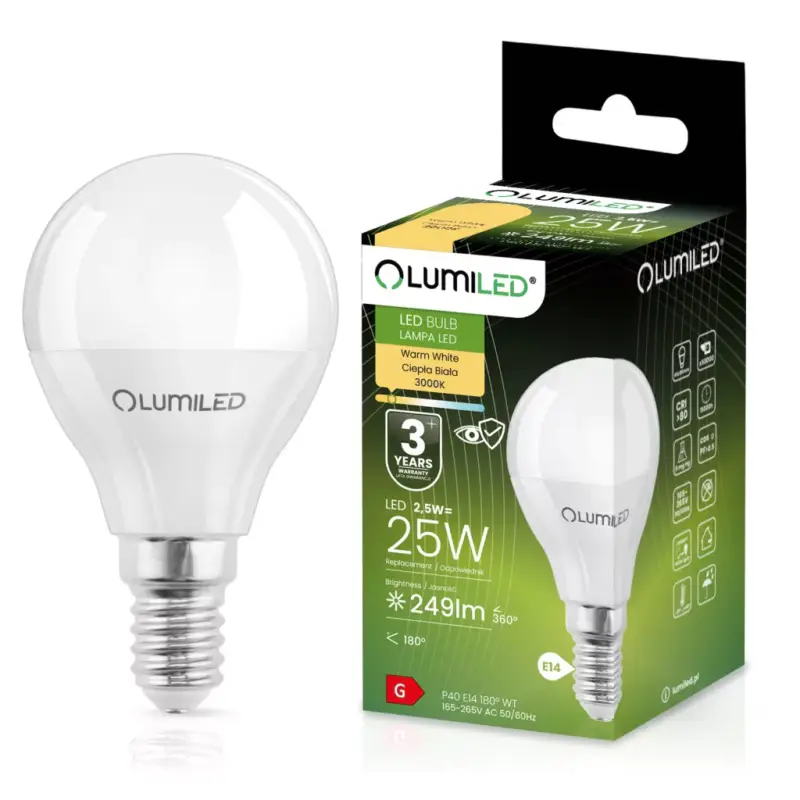 Nézd meg most E14 P40 LED izzó 2.5W = 25W 249lm 3000K Meleg 180° LUMILED