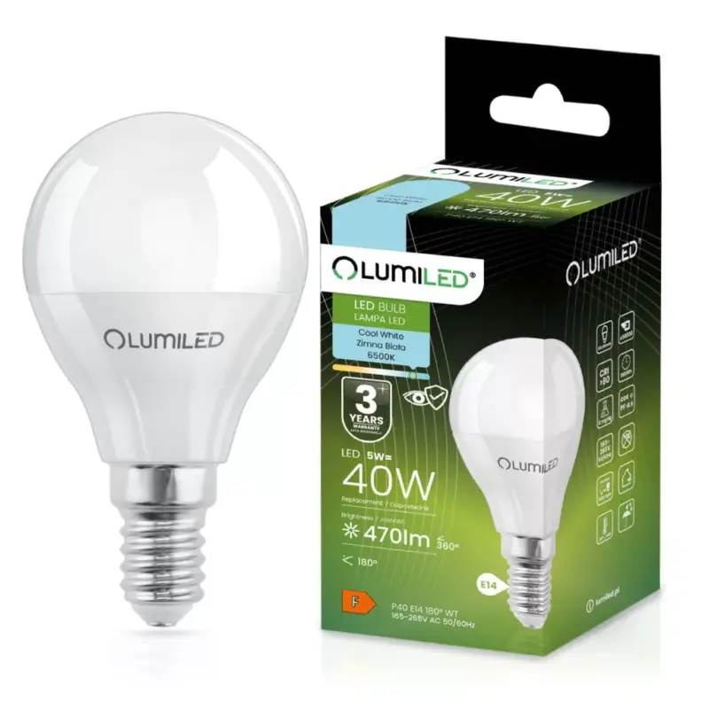 Azonnali szállítás E14 P40 LED izzó 5W = 40W 470lm 6500K Hideg 180° LUMILED