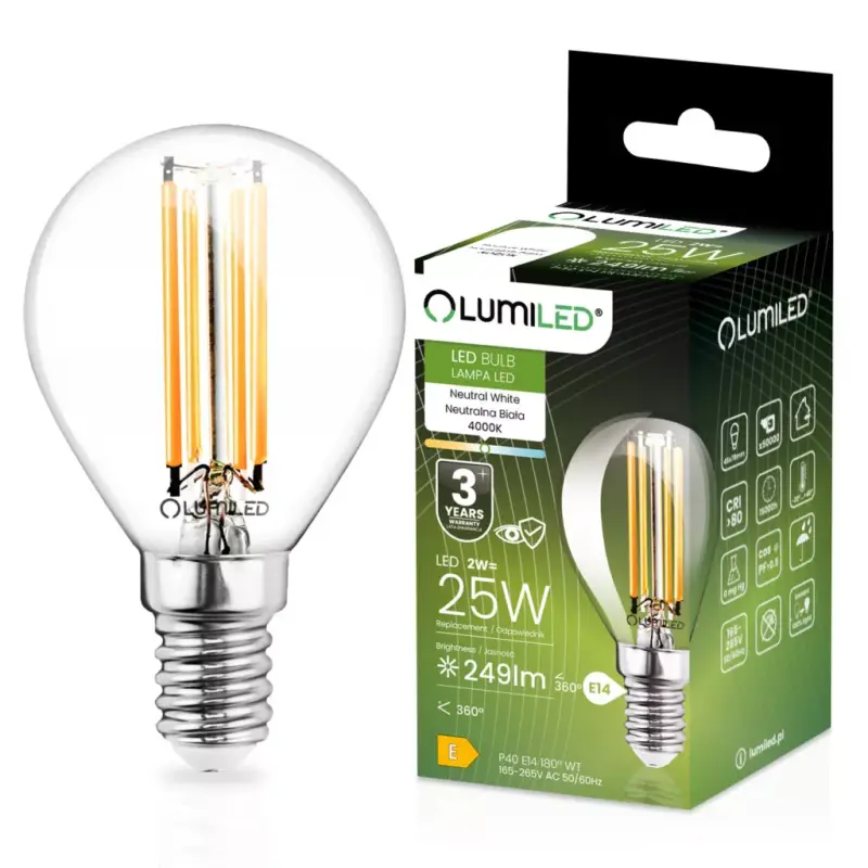 Különleges ajánlat LED izzó E14 P40 2W = 25W 249lm 4000K semleges 360°-os izzószál LUMILED