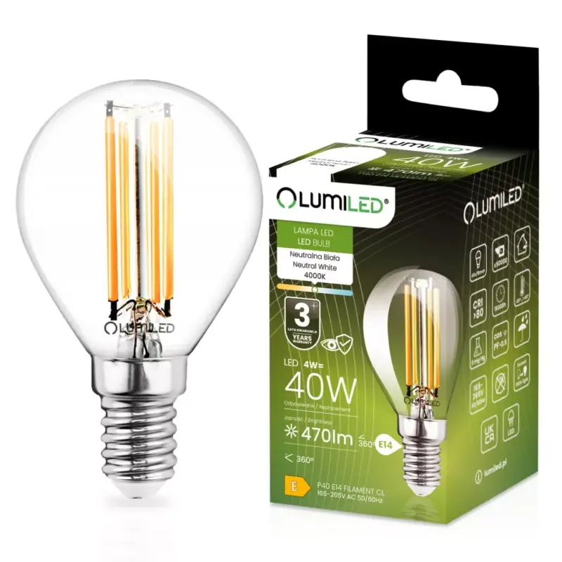 LED izzó E14 P40 4W = 40W 470lm 4000K semleges 360°-os izzószál LUMILED Vásárlói kedvenc