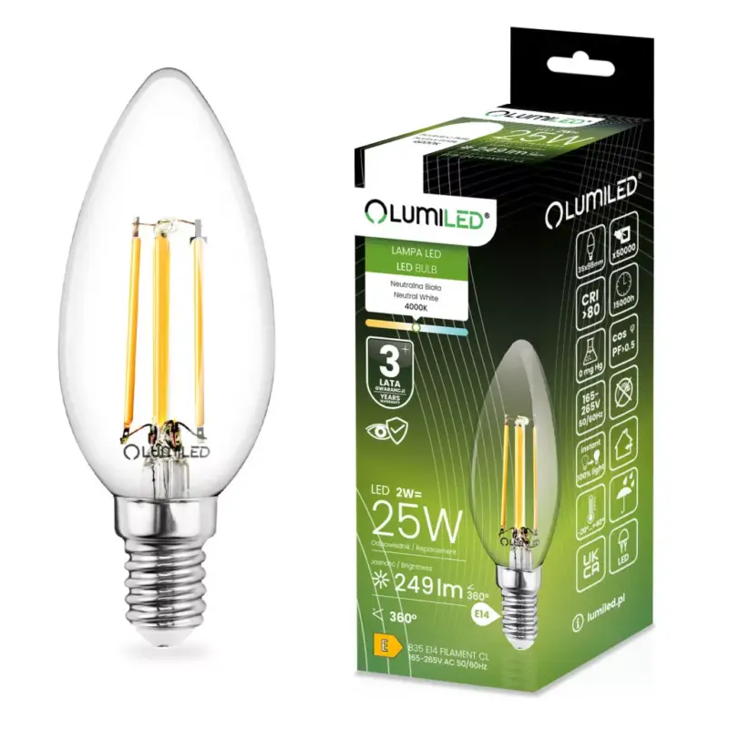 LED izzó E14 B35 2W = 25W 249lm 4000K semleges 360°-os izzószál LUMILED Alacsony ár