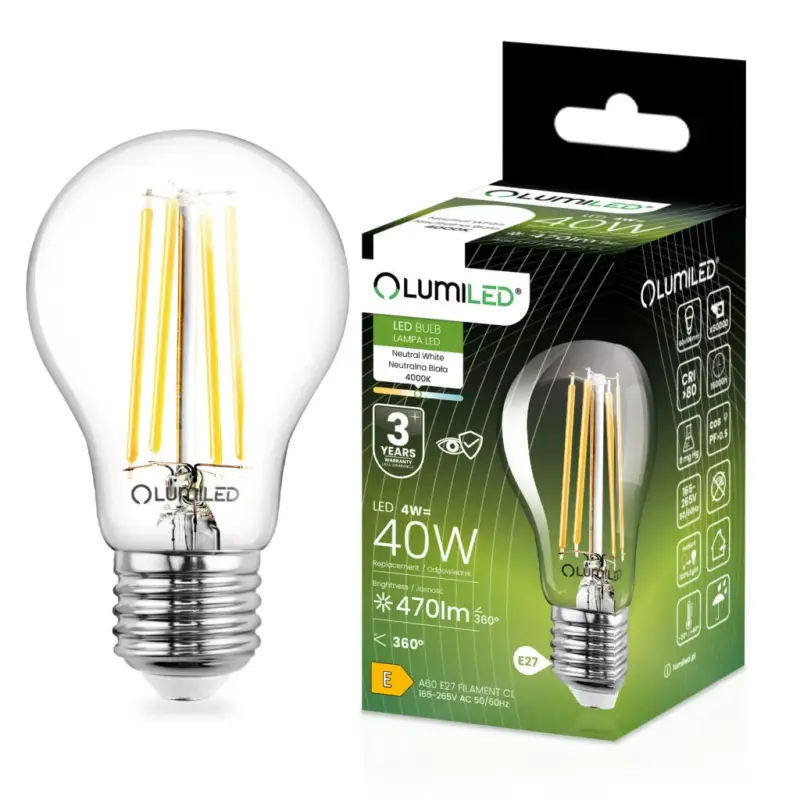 LED izzó E27 A60 4W = 40W 470lm 4000K semleges 360°-os izzószál LUMILED Korlátozott ajánlat