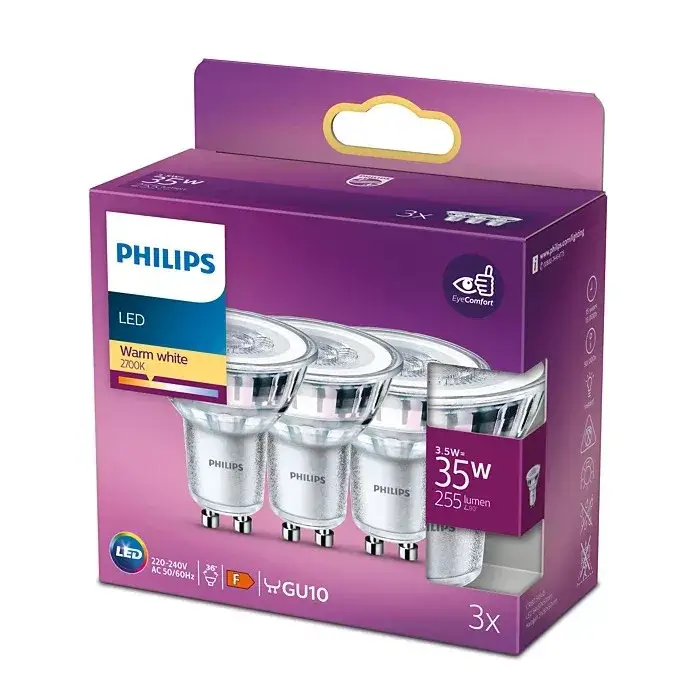3 db LED halogén izzó készlet GU10 PAR16 3.5W = 35W 255lm 2700K Meleg 36° PHILIPS Legkelendőbb