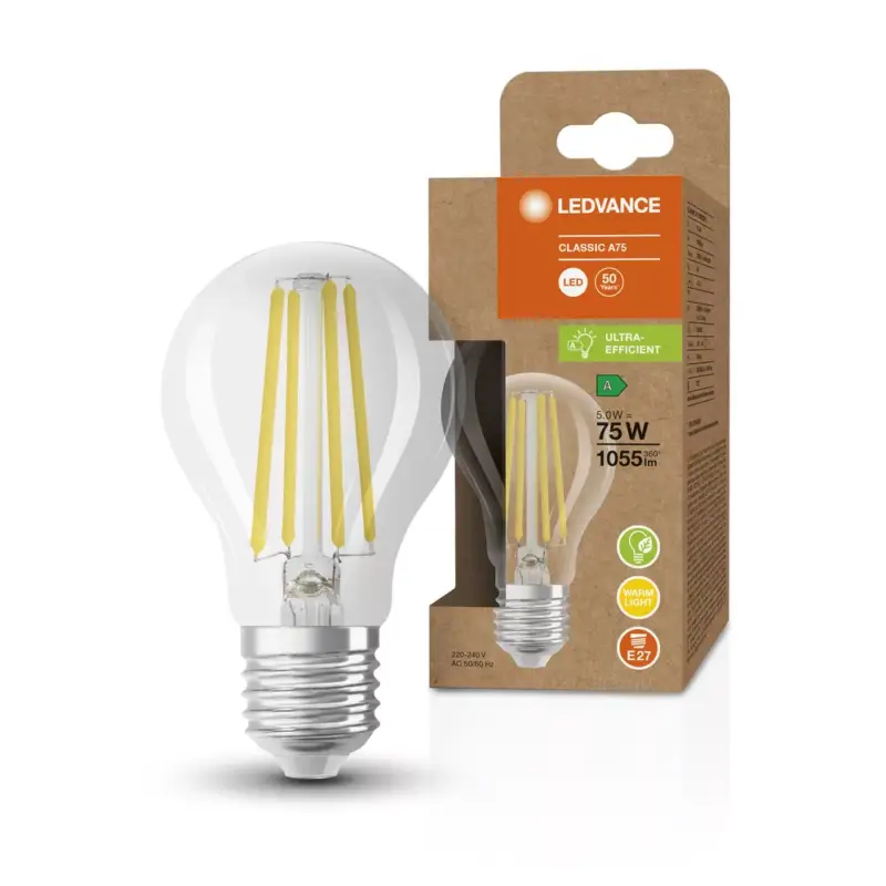 LED izzó A60 E27 5W = 75W 1055lm 3000K meleg FILAMENT Fehér LEDVANCE Akció