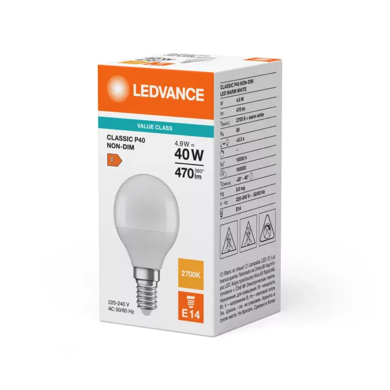 LED izzó P45 E14 4,9W = 40W 2700K 470lm meleg fehér LEDVANCE Legnépszerűbb
